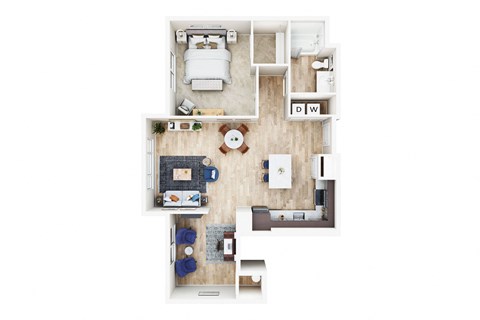 a furnished floor plan of a 1 bedroom apartment